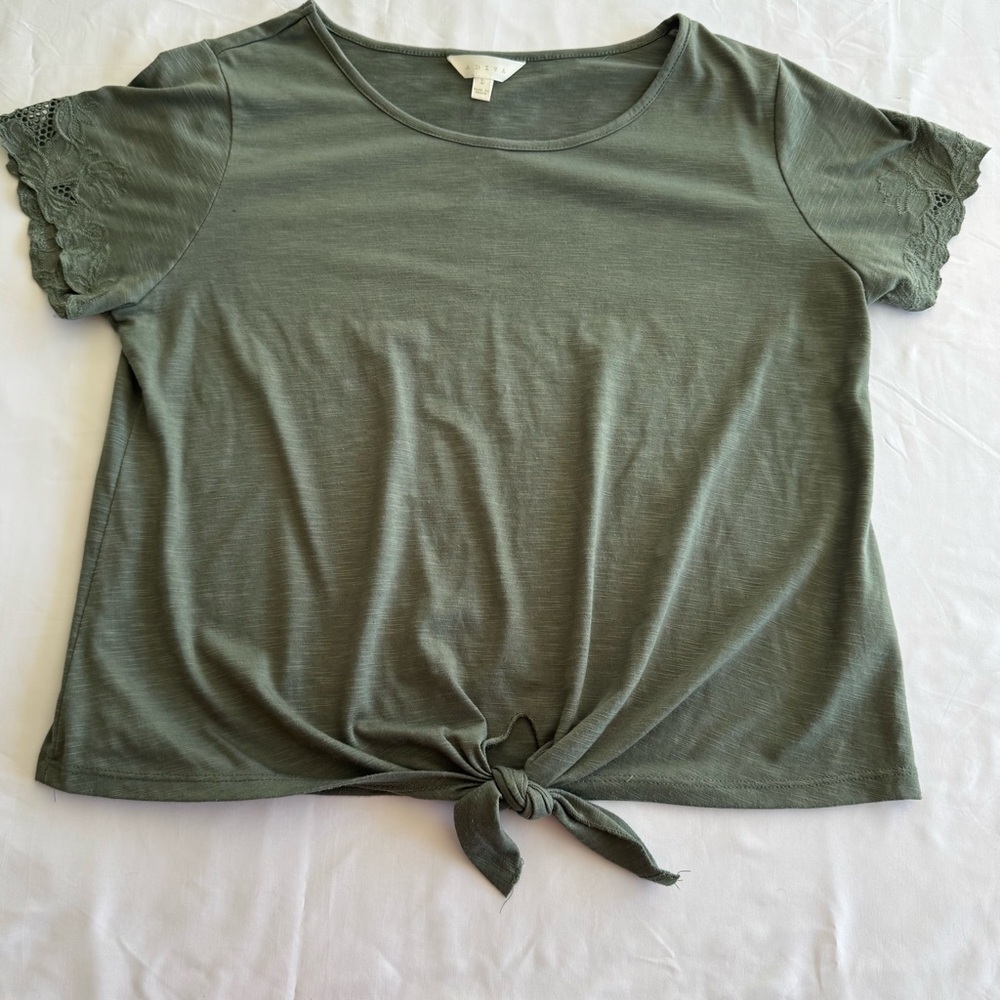 Adiva Women’s Lace Fairycore Boho Short Sleeve Green Blouse W/ Tie Waist Size L